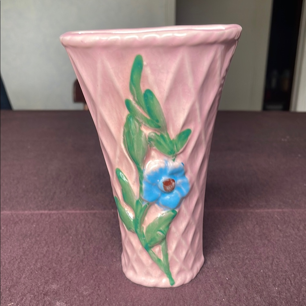 Vintage Pink Ceramic Vase with Floral Design